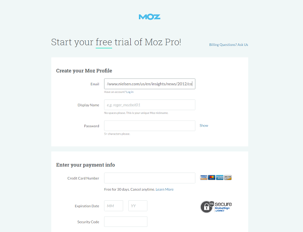 Moz signup page crackit
